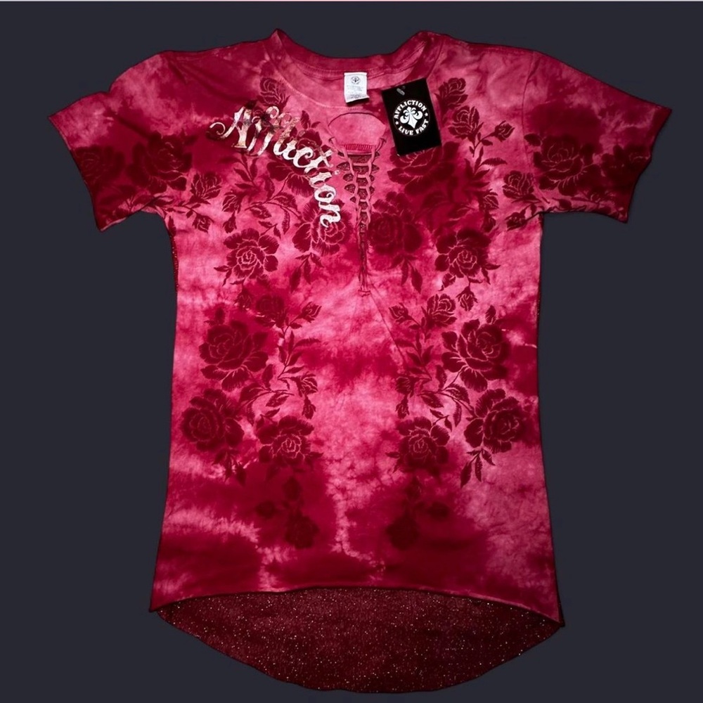 Affliction Tie Dye Red Floral T-Shirt With Sheer Back